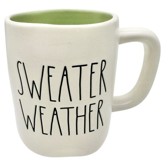 Rae Dunn 20 oz Mug SWEATER WEATHER White Ceramic Black Letters with Green Inside - Picture 1 of 8